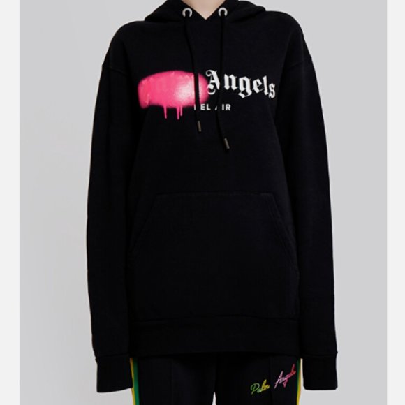 Palm Angels Unisex Pink Bel-Air Sprayed Logo Hoodie in Black sz M - Picture 2 of 9